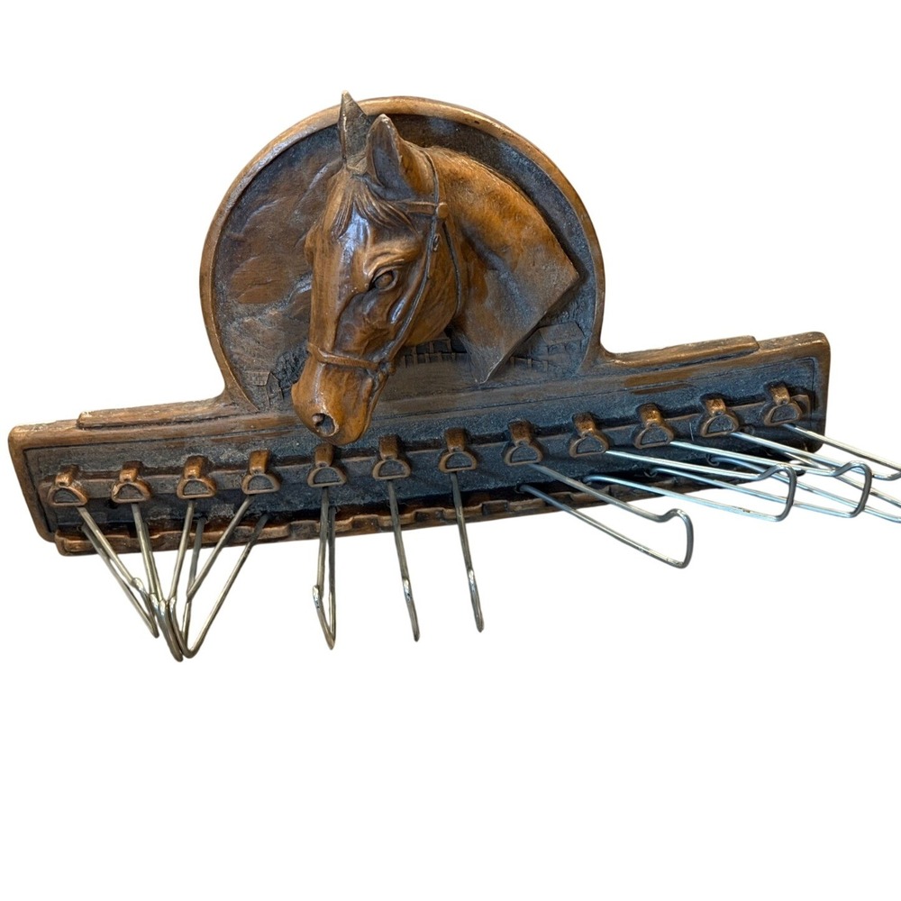 Vintage SyrocoWood Horse Head Wall Mount Tie Belt Rack 12 Hook Equestrian Decor